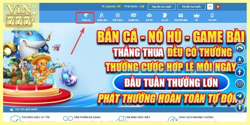 Bạn chọn vào danh mục bắn cá tại giao diện