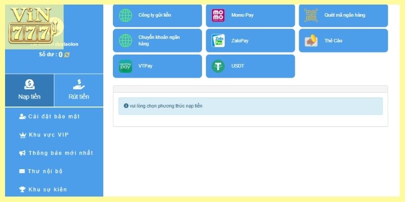Người chơi gửi tiền Vin777 bằng các kênh khác nhau